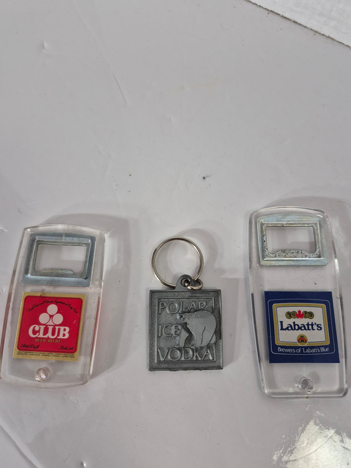 Vintage Canadian Advertising Lot – Labatt’s Club & Labatt’s Blue Bottle Openers + Polar Ice Vodka Keychain
