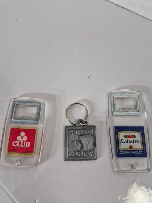Vintage Canadian Advertising Lot – Labatt’s Club & Labatt’s Blue Bottle Openers + Polar Ice Vodka Keychain
