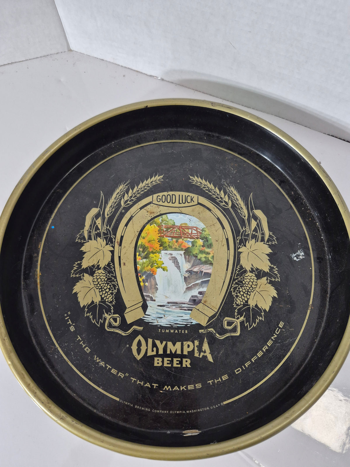 Vintage 1972 Olympia Beer “Good Luck” Horseshoe Metal Serving Tray – Tumwater – 13.25"