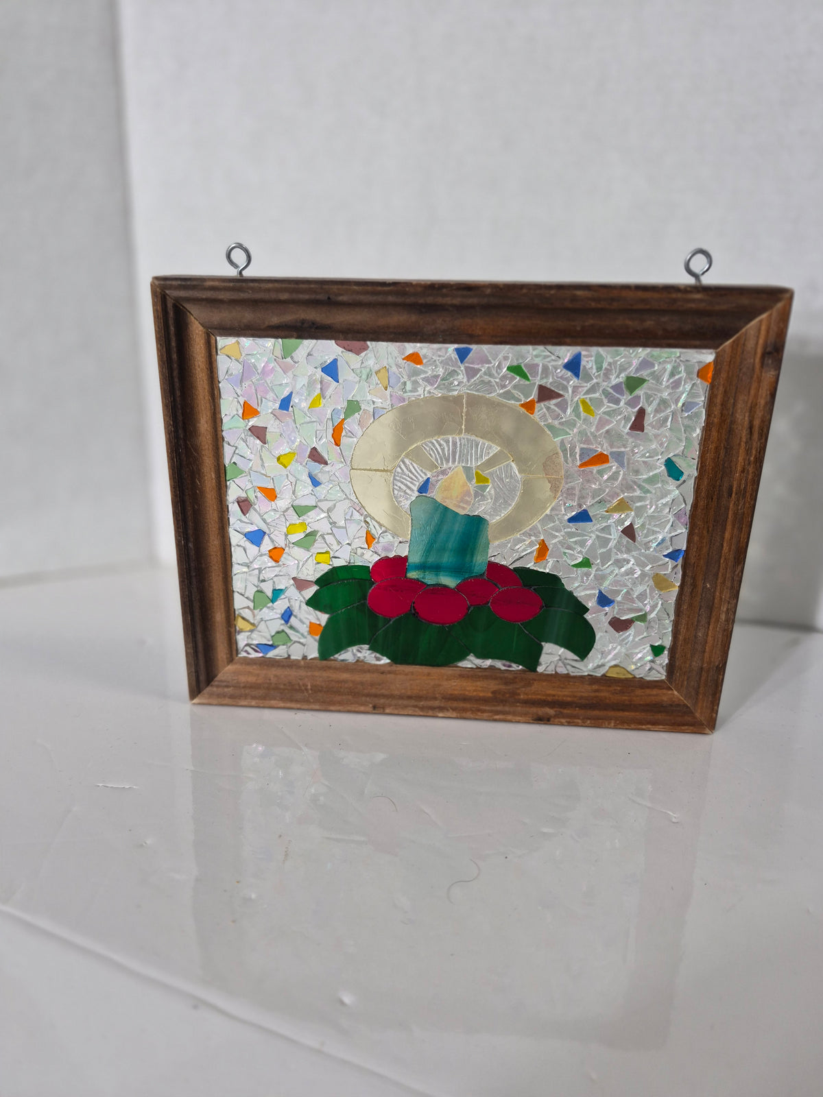 Framed Mosaic Glass Candle Wall Art – Handmade-Style Decorative Panel – 9.25 x 7.25 in.