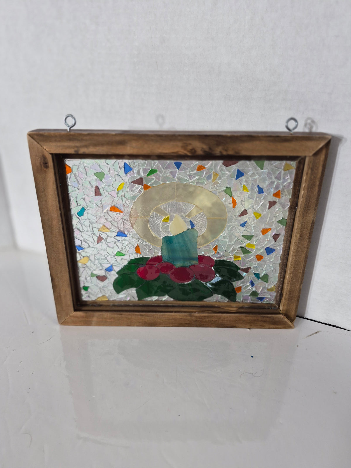 Framed Mosaic Glass Candle Wall Art – Handmade-Style Decorative Panel – 9.25 x 7.25 in.
