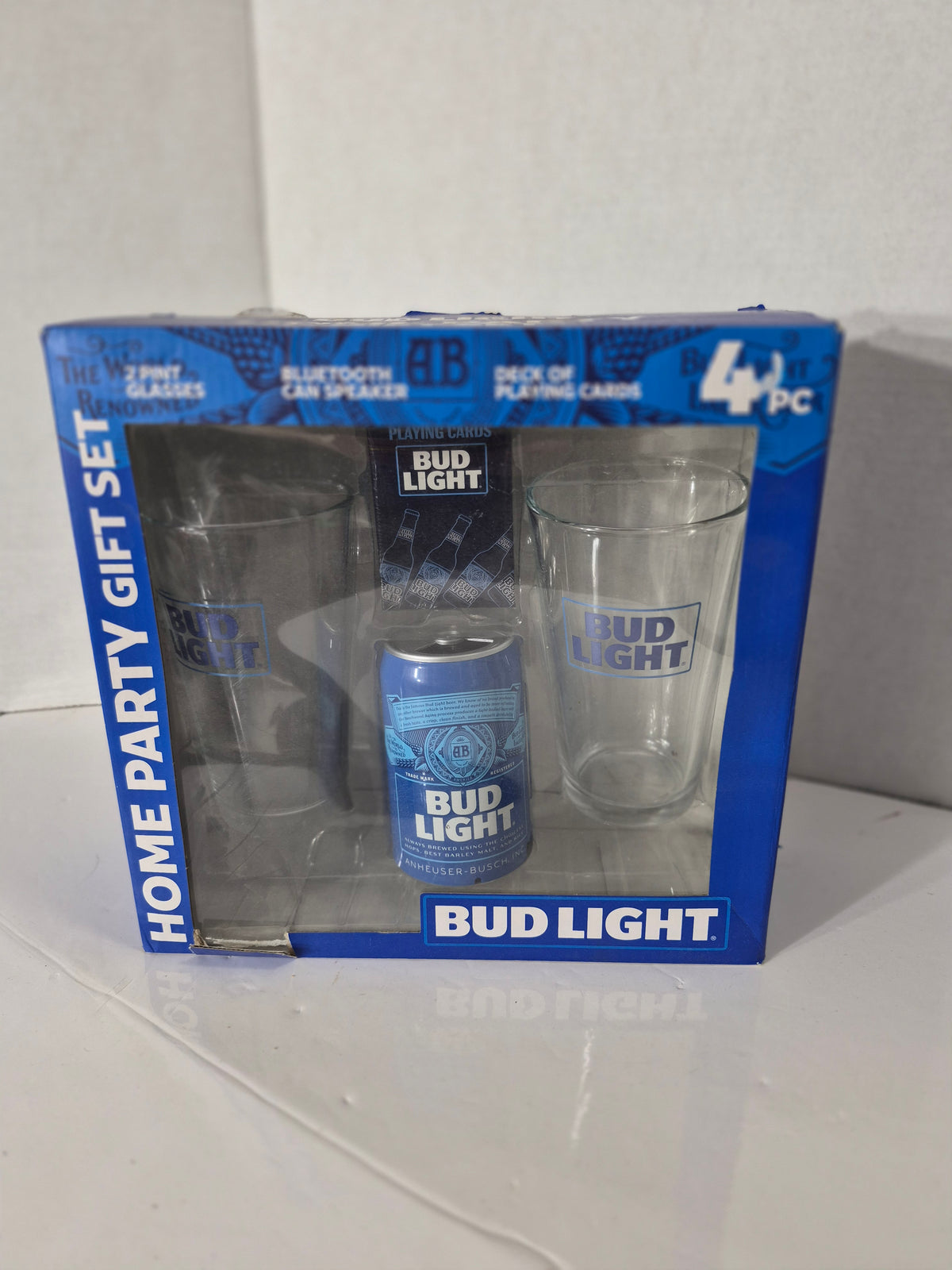 Bud Light Home Party 4-Piece Gift Set – Pint Glasses, Bluetooth Can Speaker & Playing Cards