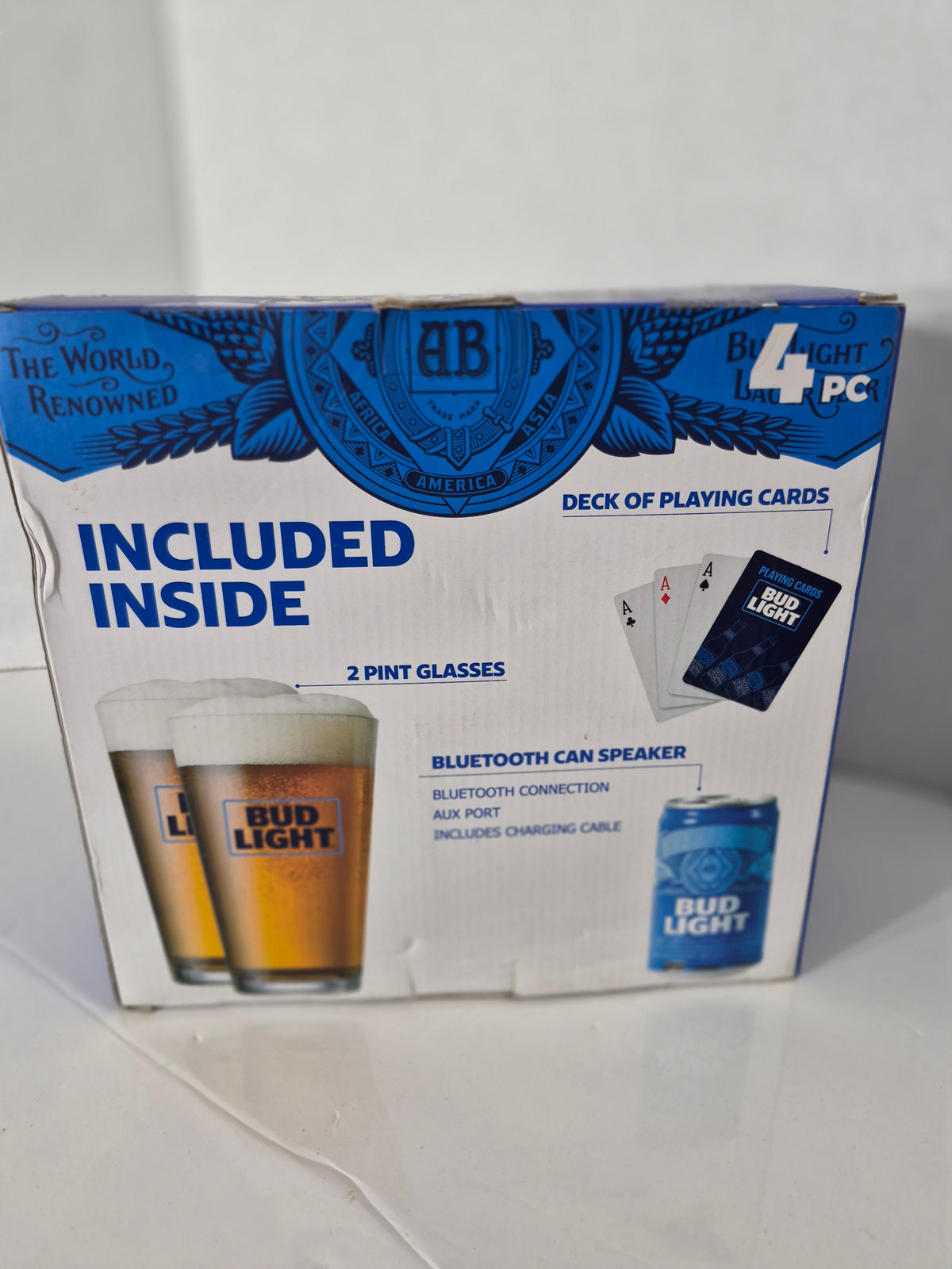 Bud Light Home Party 4-Piece Gift Set – Pint Glasses, Bluetooth Can Speaker & Playing Cards