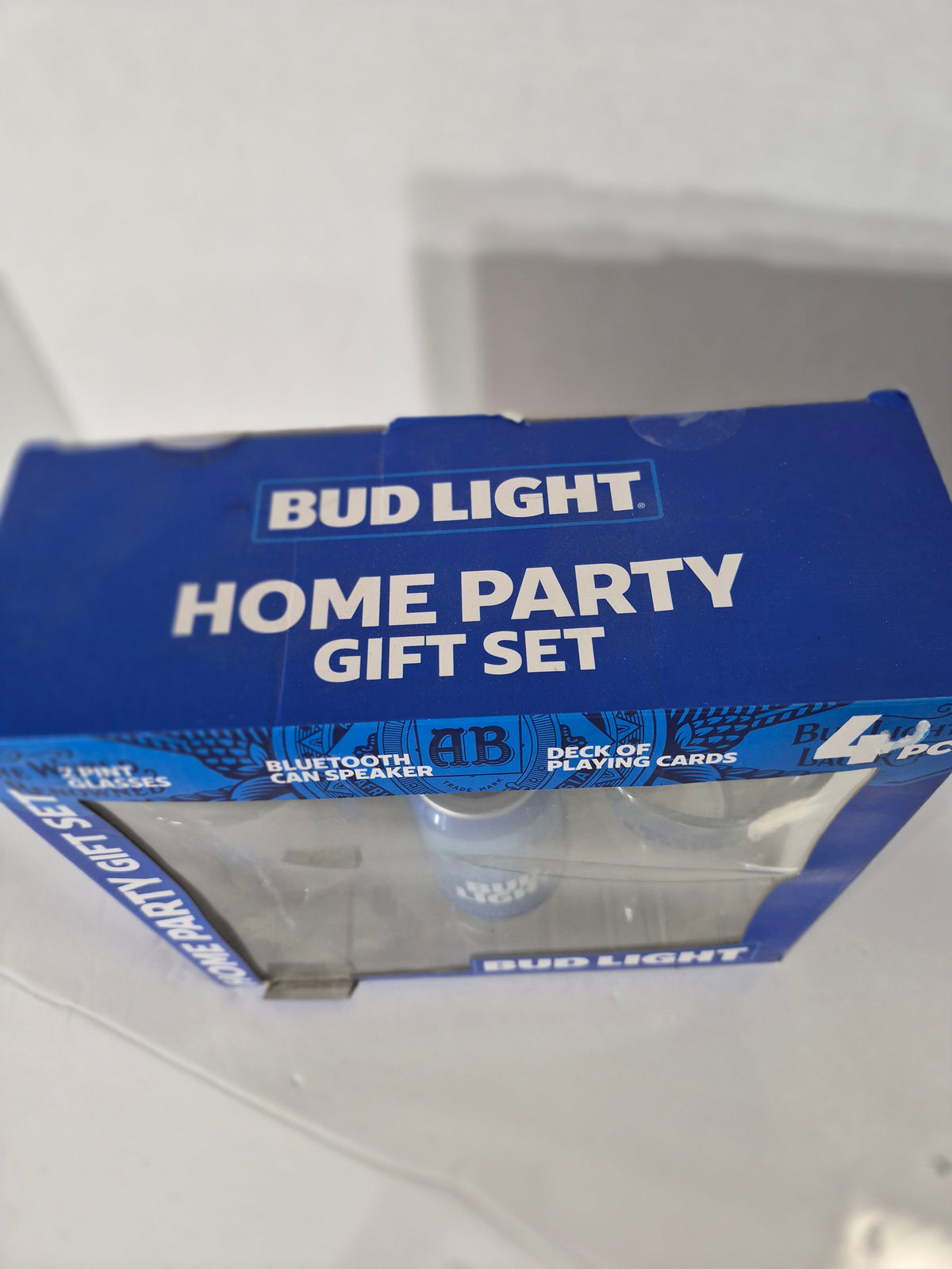Bud Light Home Party 4-Piece Gift Set – Pint Glasses, Bluetooth Can Speaker & Playing Cards