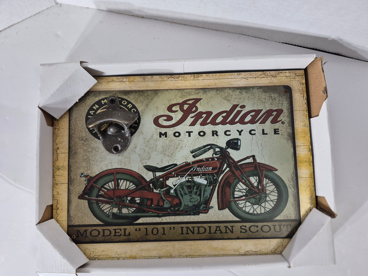 Indian Motorcycle Model “101” Scout Wall Bottle Opener Sign – 13.25" × 9.75"