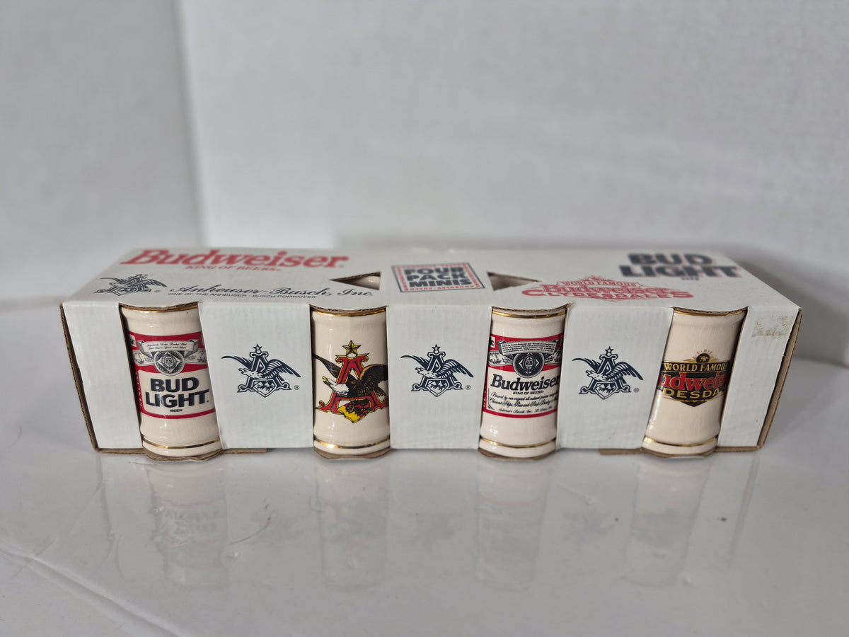 Vintage 1996 Budweiser Four Pack Minis Ceramic Stein Set – Bud Light & Clydesdales – Original Box