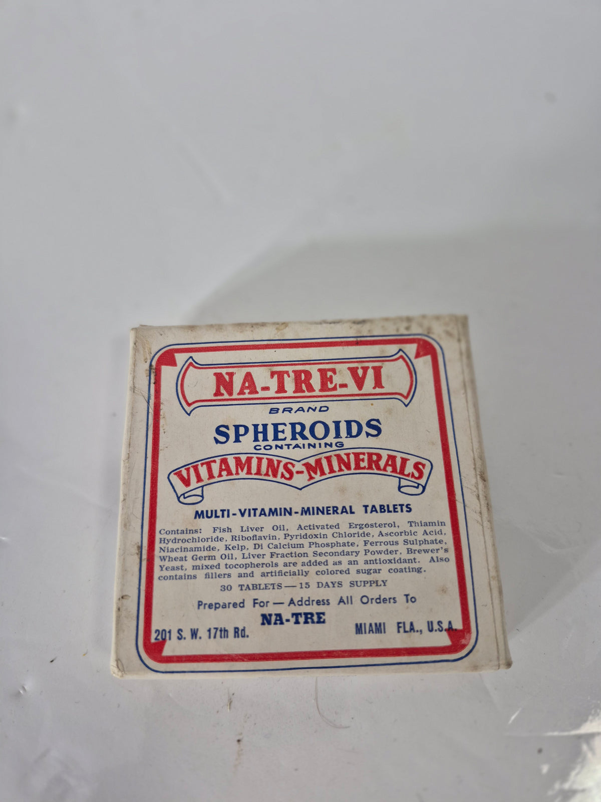 Vintage Na-Tre-Vi Spheroids Vitamins & Minerals Cardboard Box – Miami Florida – Pharmacy Ephemera