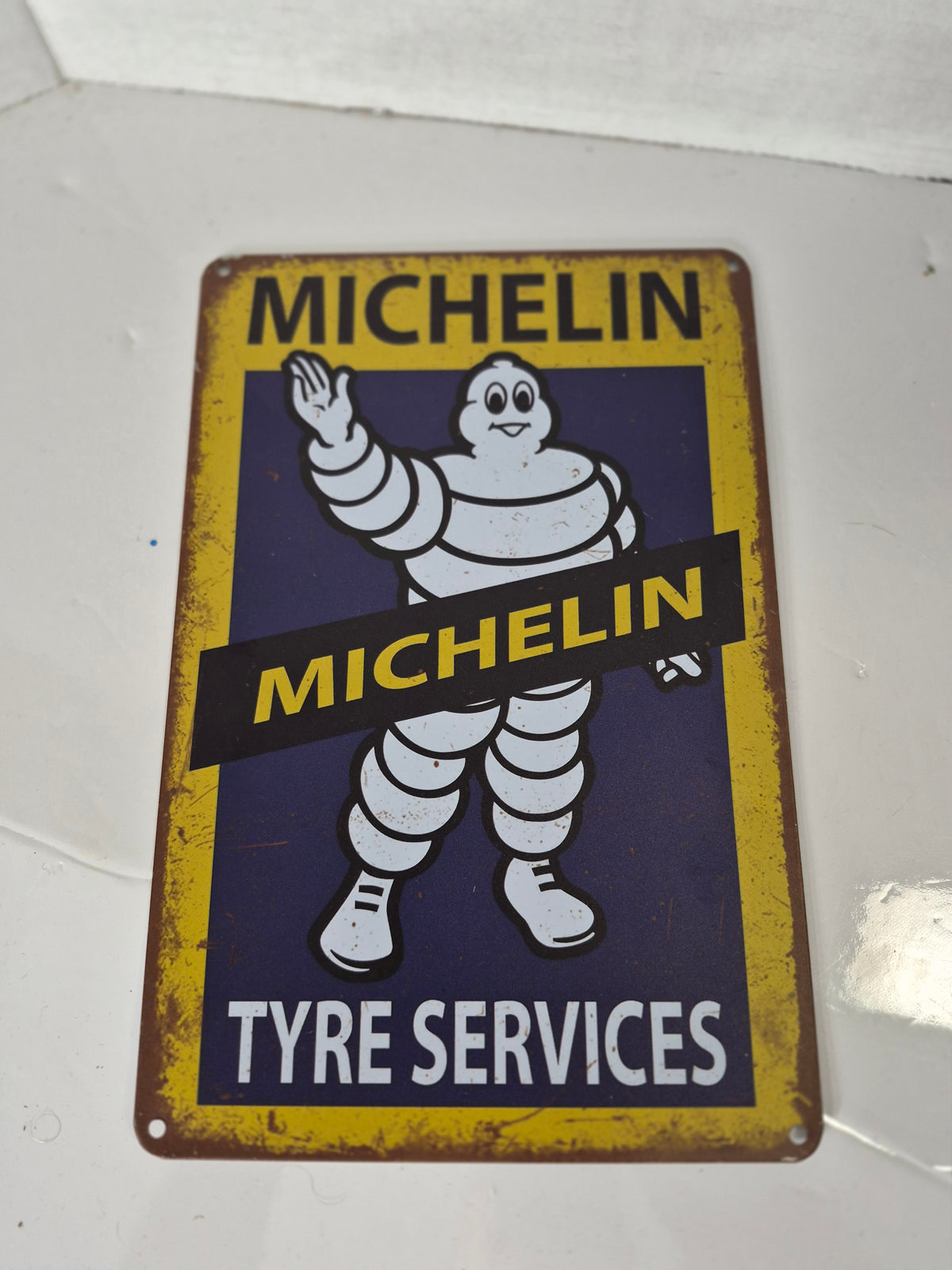 Retro Michelin “Tyre Services” Bibendum Metal Sign – 8 x 12 in.