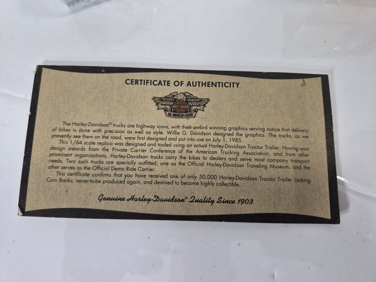 Harley-Davidson Limited Edition 1:64 Die-Cast Tractor Trailer Locking Coin Bank – 99197-94V – Box & COA