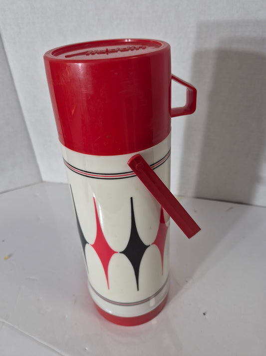 Vintage Aladdin Canada 910 mL Vacuum Bottle Thermos – Red White Black Atomic Design – 12"