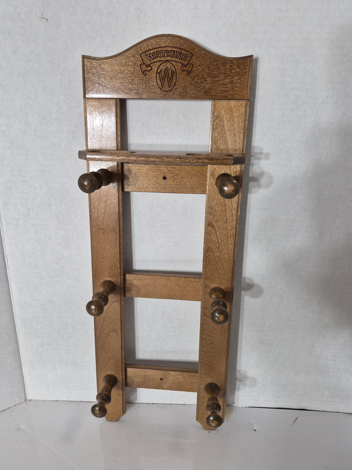 Vintage Watkins Wooden Wall-Mount Kitchen Rack – 6 Pegs – 7" x 19"