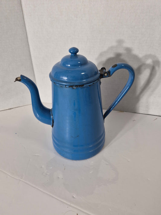 Vintage Blue Enamelware Coffee Pot with Hinged Lid – Rustic Farmhouse Kitchen Décor