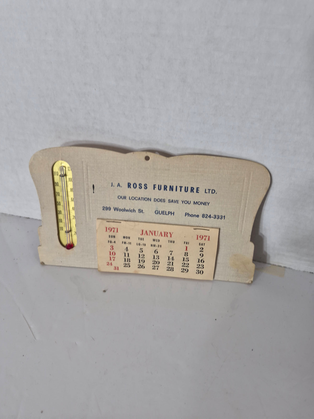 Vintage 1971 J.A. Ross Furniture Advertising Calendar Thermometer – Guelph, Ontario – 7.5" × 4.5"