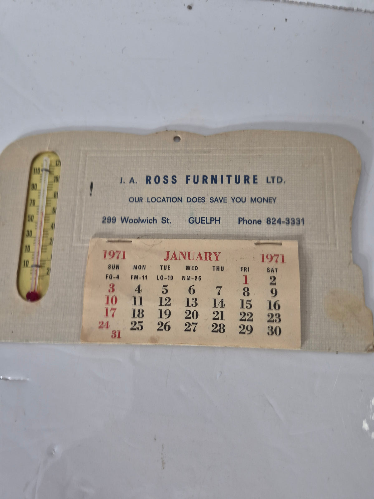 Vintage 1971 J.A. Ross Furniture Advertising Calendar Thermometer – Guelph, Ontario – 7.5" × 4.5"