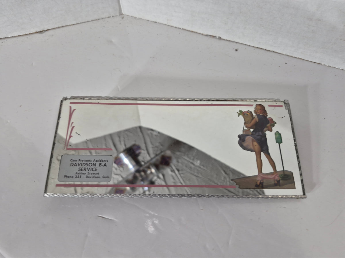 Vintage Davidson B-A Service Advertising Mirror – Ashley Stewart – Davidson, Saskatchewan – 8" × 3.5"