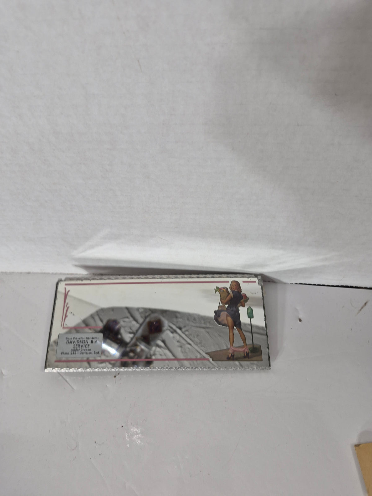 Vintage Davidson B-A Service Advertising Mirror – Ashley Stewart – Davidson, Saskatchewan – 8" × 3.5"