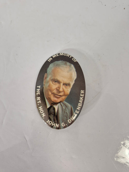 Vintage John G. Diefenbaker “In Memory Of” Memorial Pinback Button – 2.75" × 1.75"