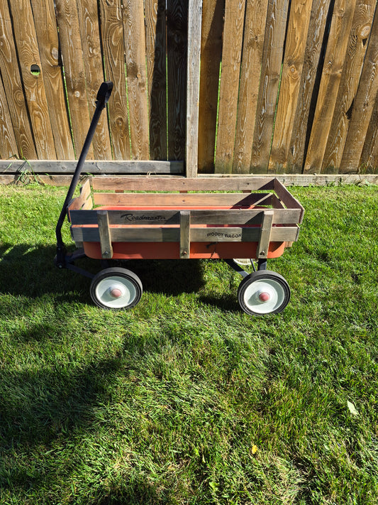 Vintage Roadmaster “Woody Wagon” Red Pull Wagon with Wooden Stake Sides – 40"