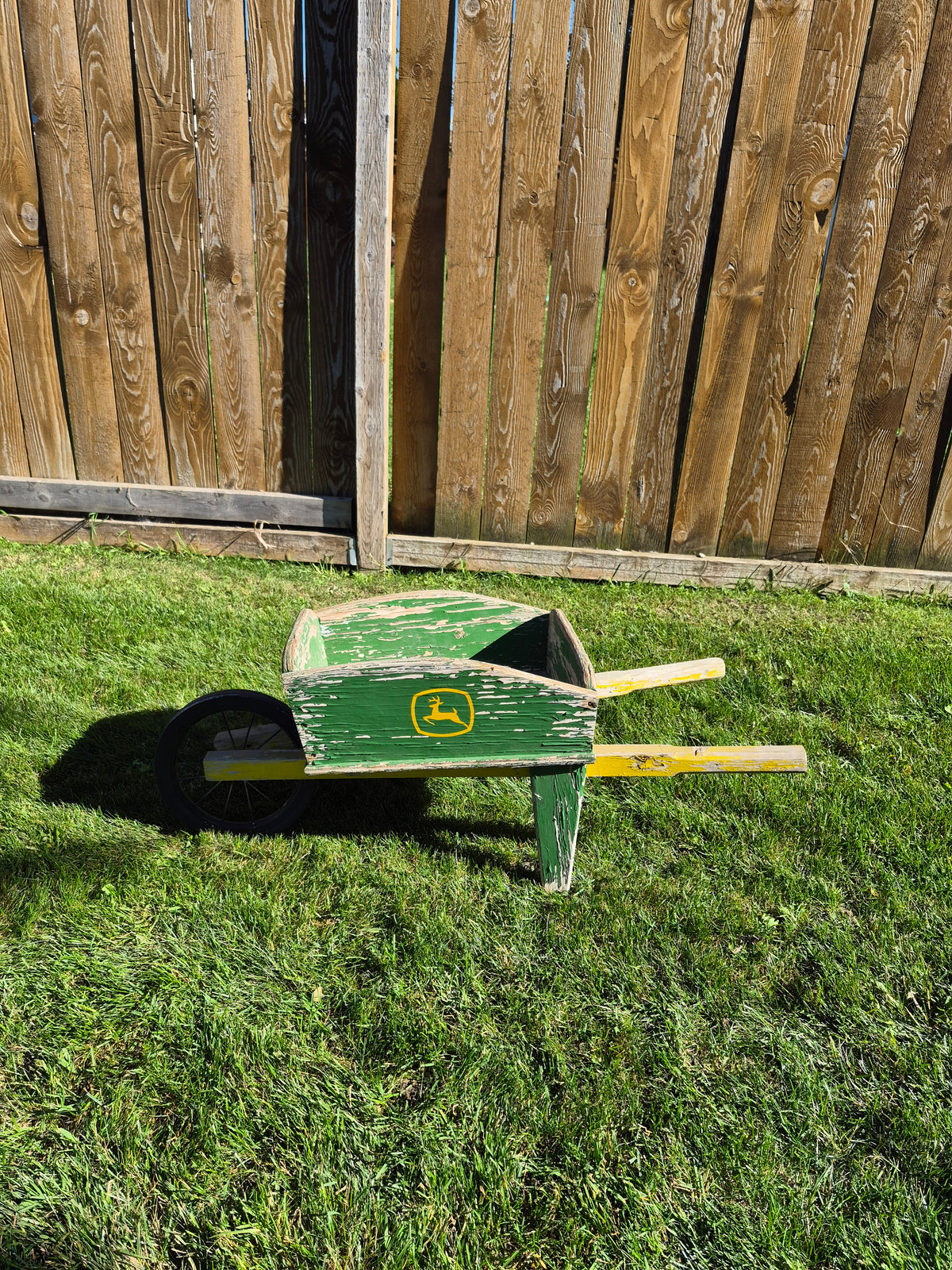 Rustic John Deere-Themed Wooden Wheelbarrow Garden Planter – 38" Long