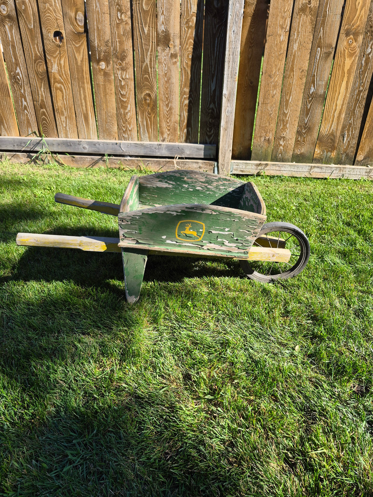 Rustic John Deere-Themed Wooden Wheelbarrow Garden Planter – 38" Long