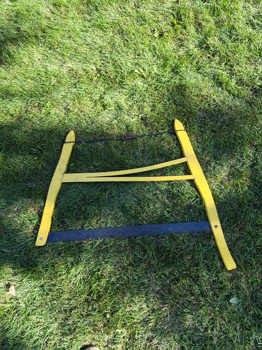 Vintage Wooden Bow Saw / Buck Saw – Yellow Frame – 28" x 27"