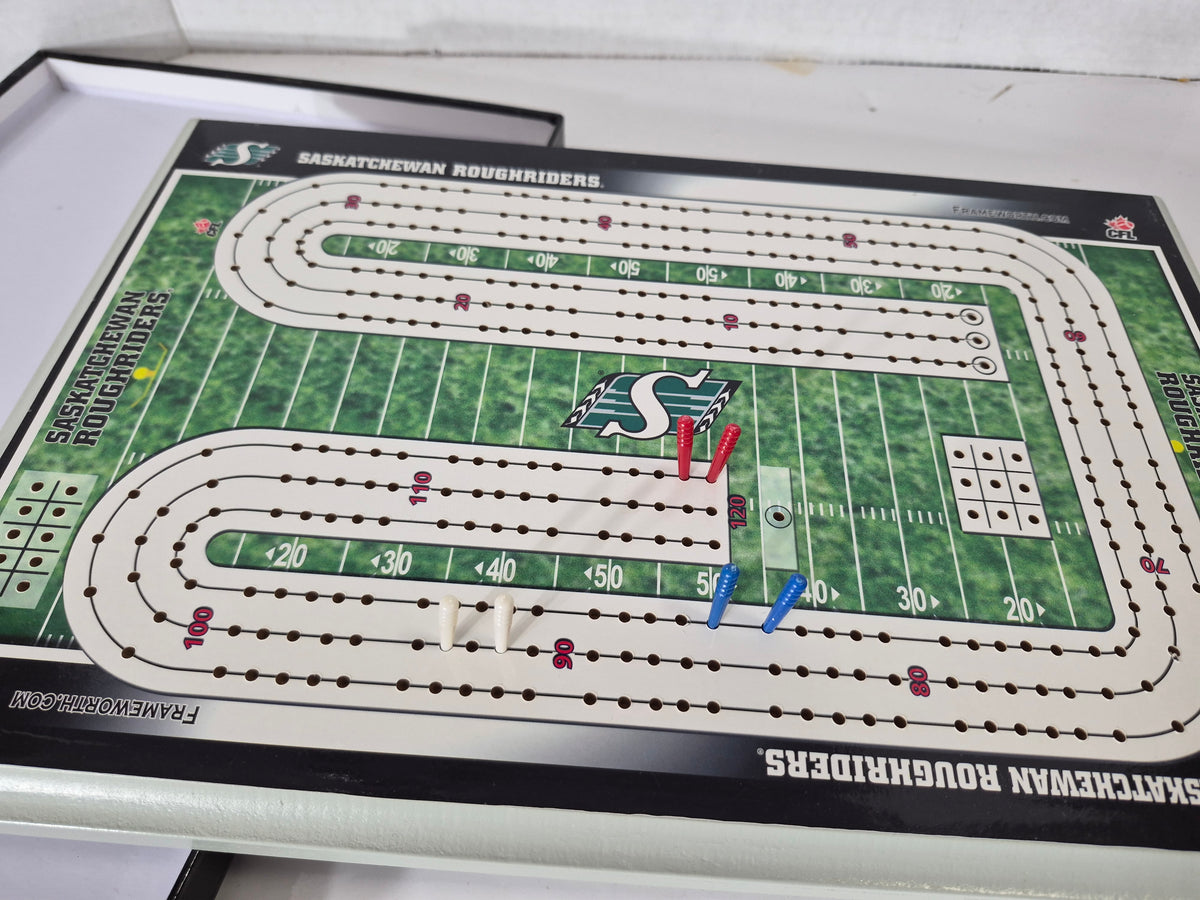 Saskatchewan Roughriders CFL Cribbage Board – Frameworth – Original Box & Pegs – 15" x 10"