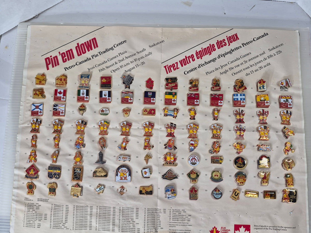 1989 Jeux Canada Games Saskatoon Official Sponsor & Trading Pin Collection – 91 of 97 Pins – Original Pin ’Em Down Display – 24" x 18"