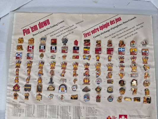 1989 Jeux Canada Games Saskatoon Official Sponsor & Trading Pin Collection – 91 of 97 Pins – Original Pin ’Em Down Display – 24" x 18"