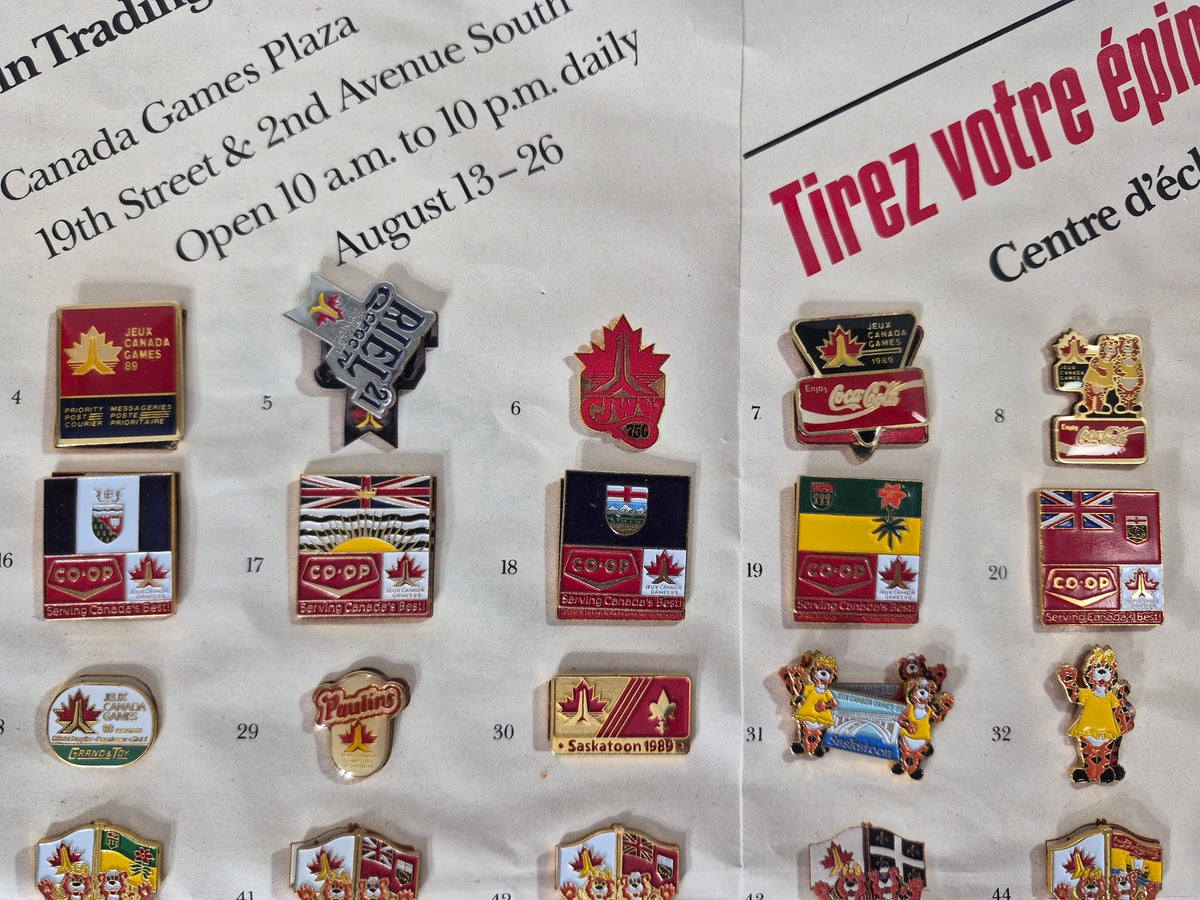 1989 Jeux Canada Games Saskatoon Official Sponsor & Trading Pin Collection – 91 of 97 Pins – Original Pin ’Em Down Display – 24" x 18"