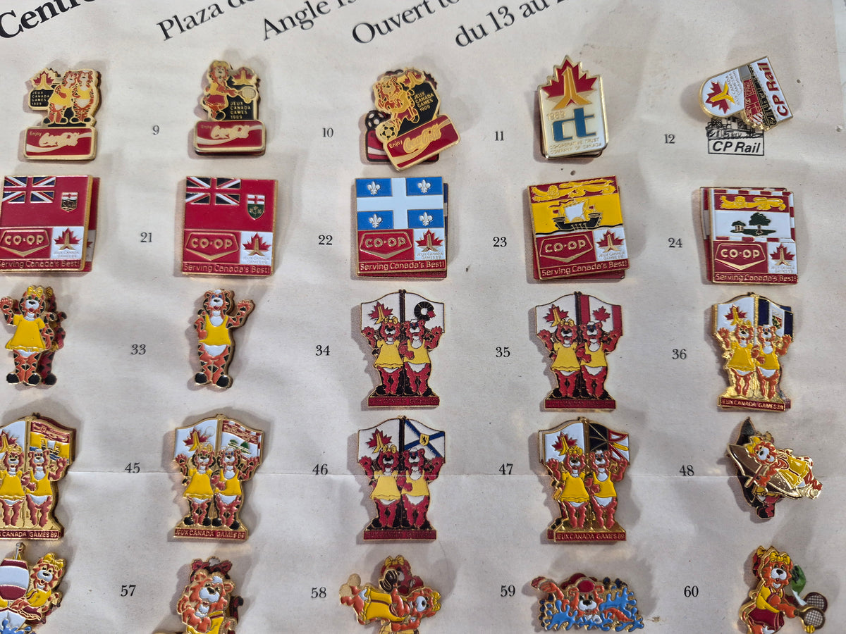 1989 Jeux Canada Games Saskatoon Official Sponsor & Trading Pin Collection – 91 of 97 Pins – Original Pin ’Em Down Display – 24" x 18"