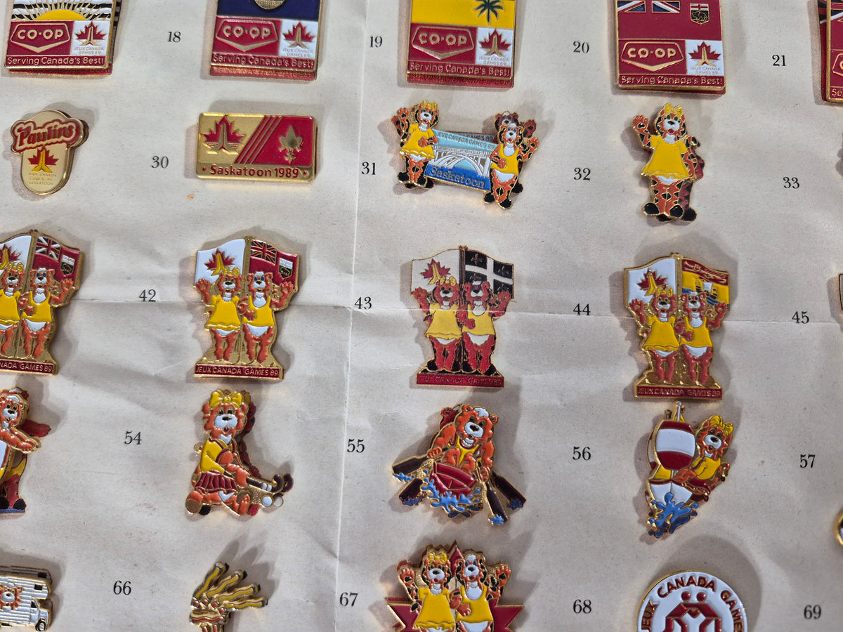 1989 Jeux Canada Games Saskatoon Official Sponsor & Trading Pin Collection – 91 of 97 Pins – Original Pin ’Em Down Display – 24" x 18"