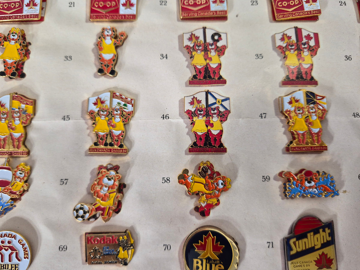 1989 Jeux Canada Games Saskatoon Official Sponsor & Trading Pin Collection – 91 of 97 Pins – Original Pin ’Em Down Display – 24" x 18"