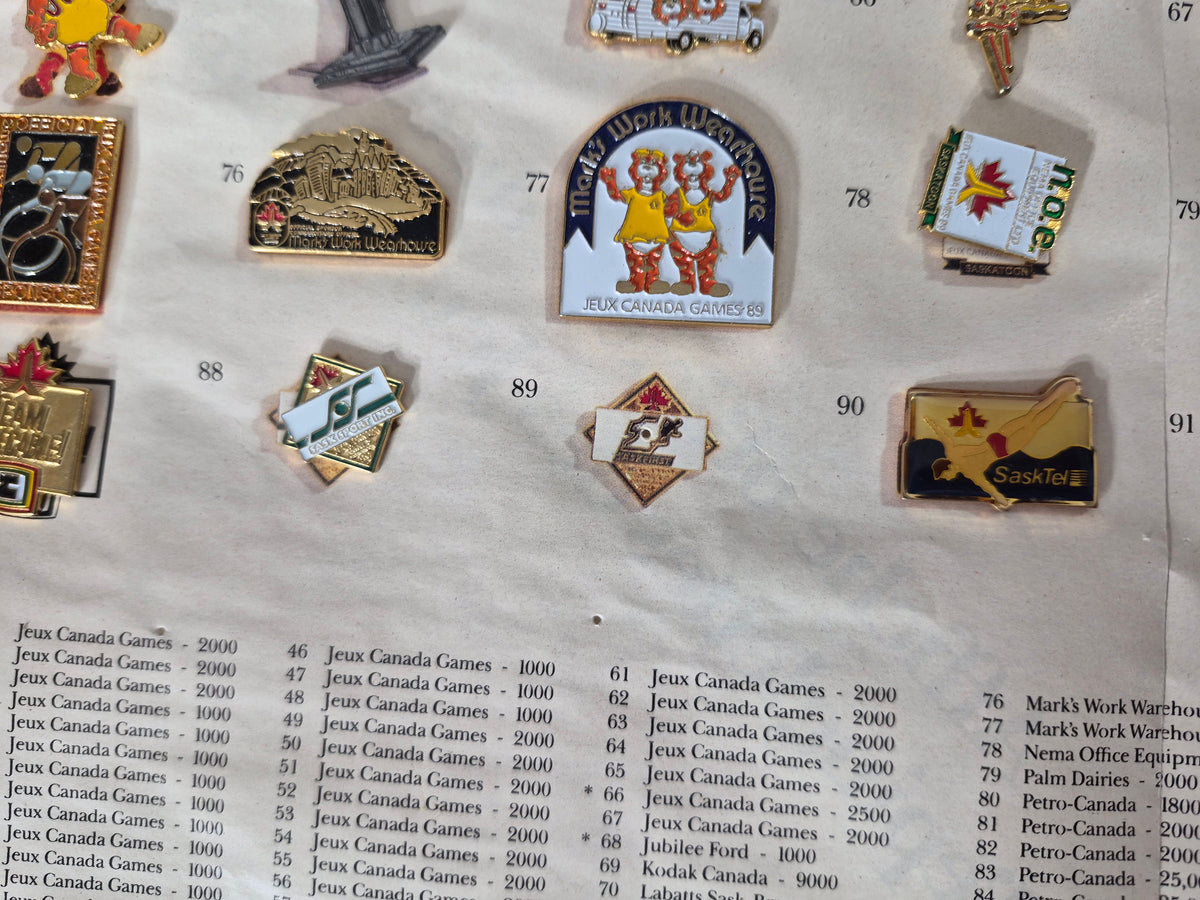 1989 Jeux Canada Games Saskatoon Official Sponsor & Trading Pin Collection – 91 of 97 Pins – Original Pin ’Em Down Display – 24" x 18"