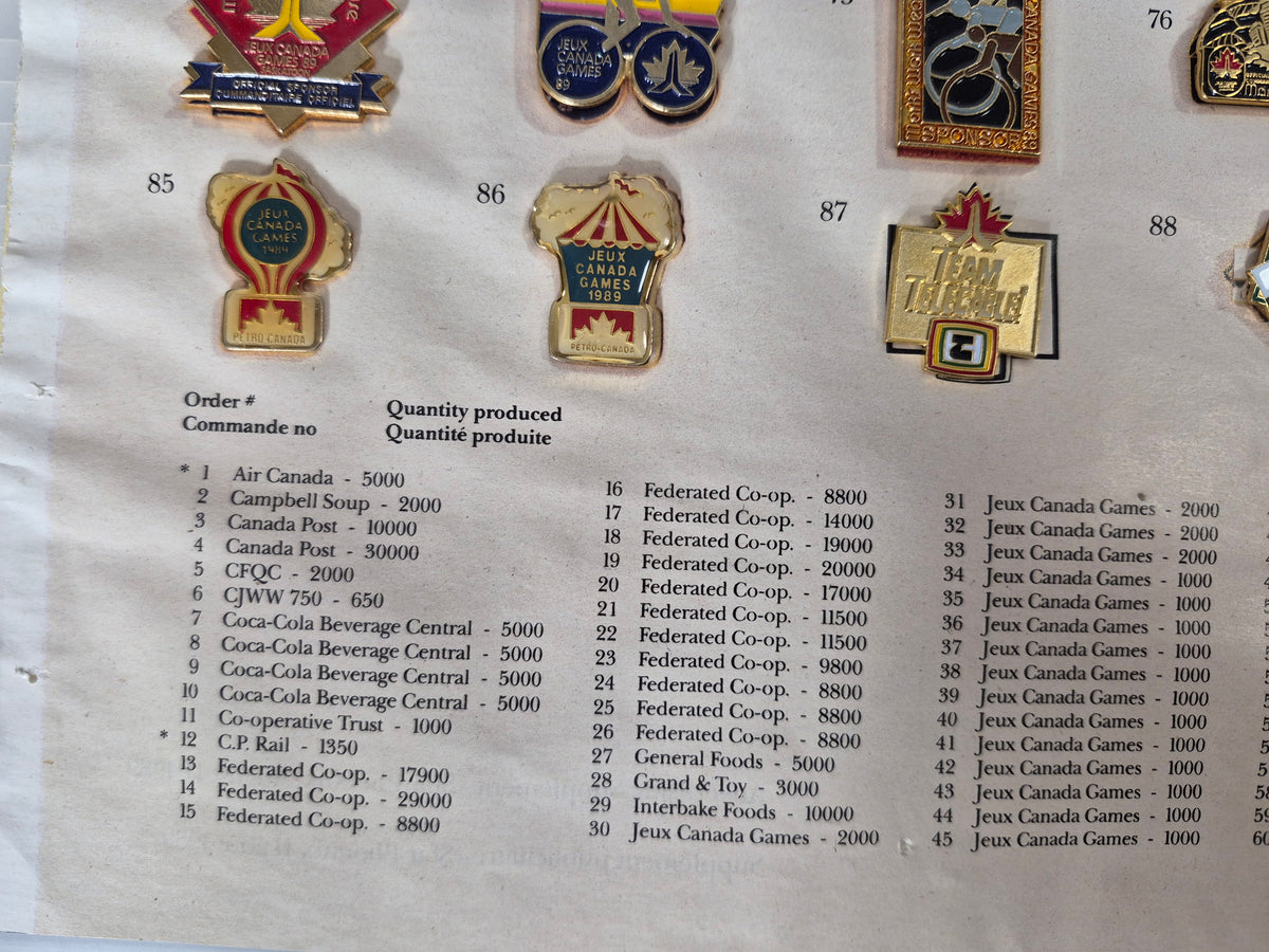 1989 Jeux Canada Games Saskatoon Official Sponsor & Trading Pin Collection – 91 of 97 Pins – Original Pin ’Em Down Display – 24" x 18"