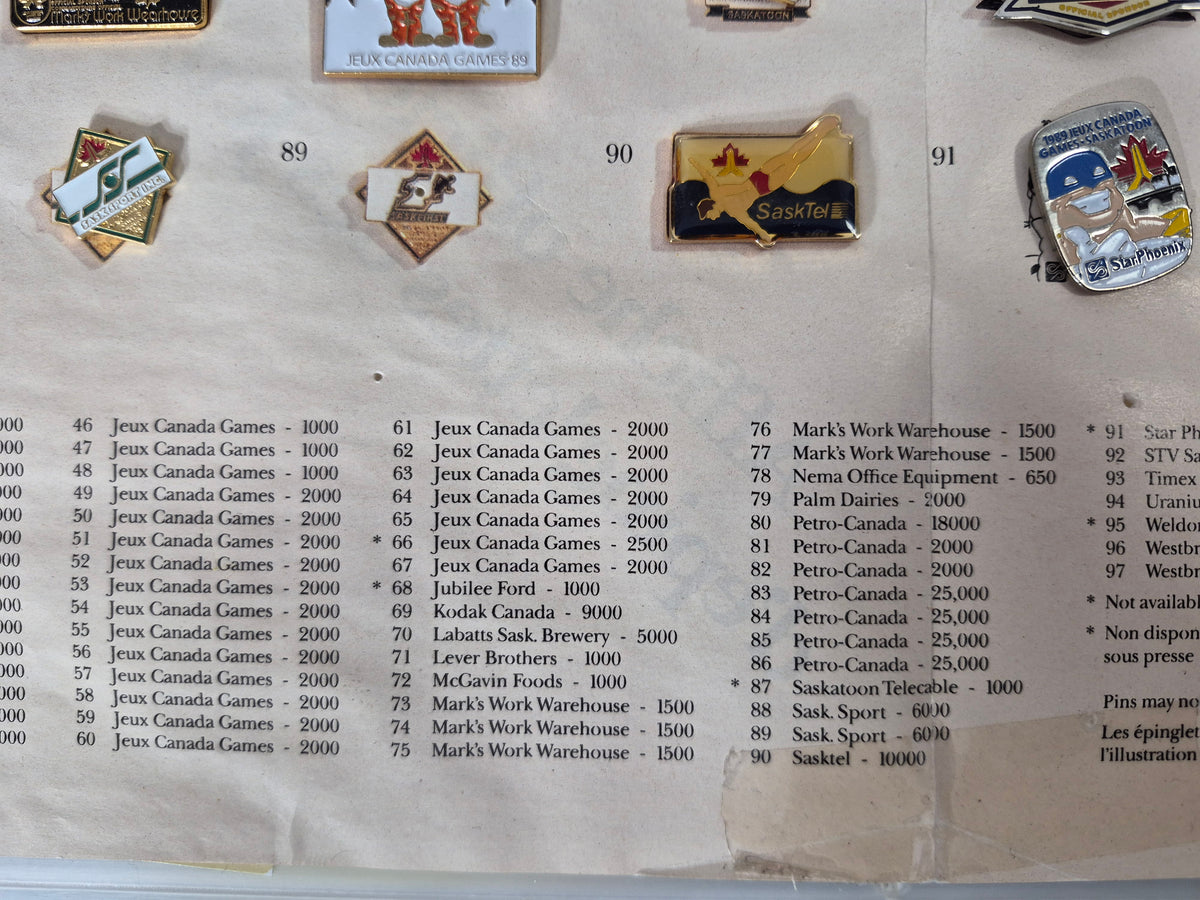 1989 Jeux Canada Games Saskatoon Official Sponsor & Trading Pin Collection – 91 of 97 Pins – Original Pin ’Em Down Display – 24" x 18"