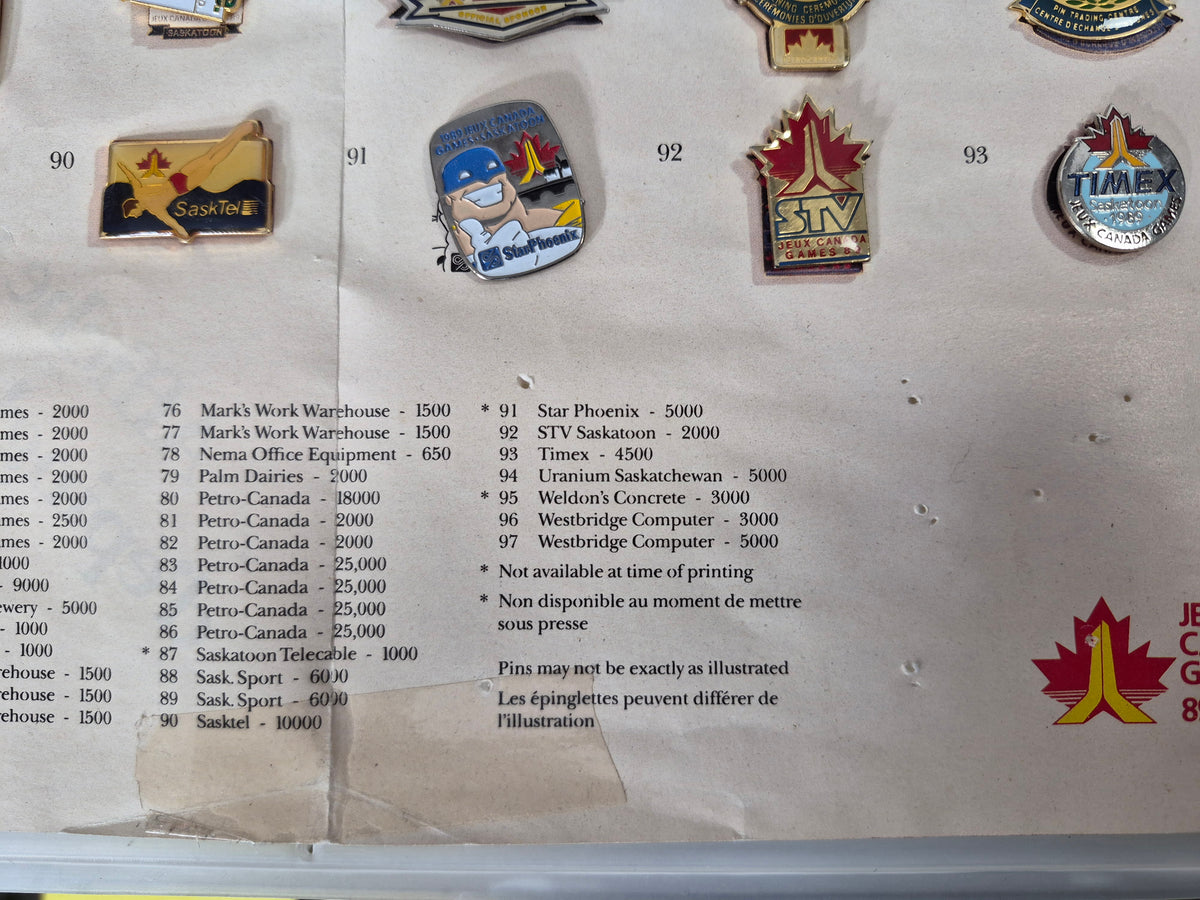 1989 Jeux Canada Games Saskatoon Official Sponsor & Trading Pin Collection – 91 of 97 Pins – Original Pin ’Em Down Display – 24" x 18"