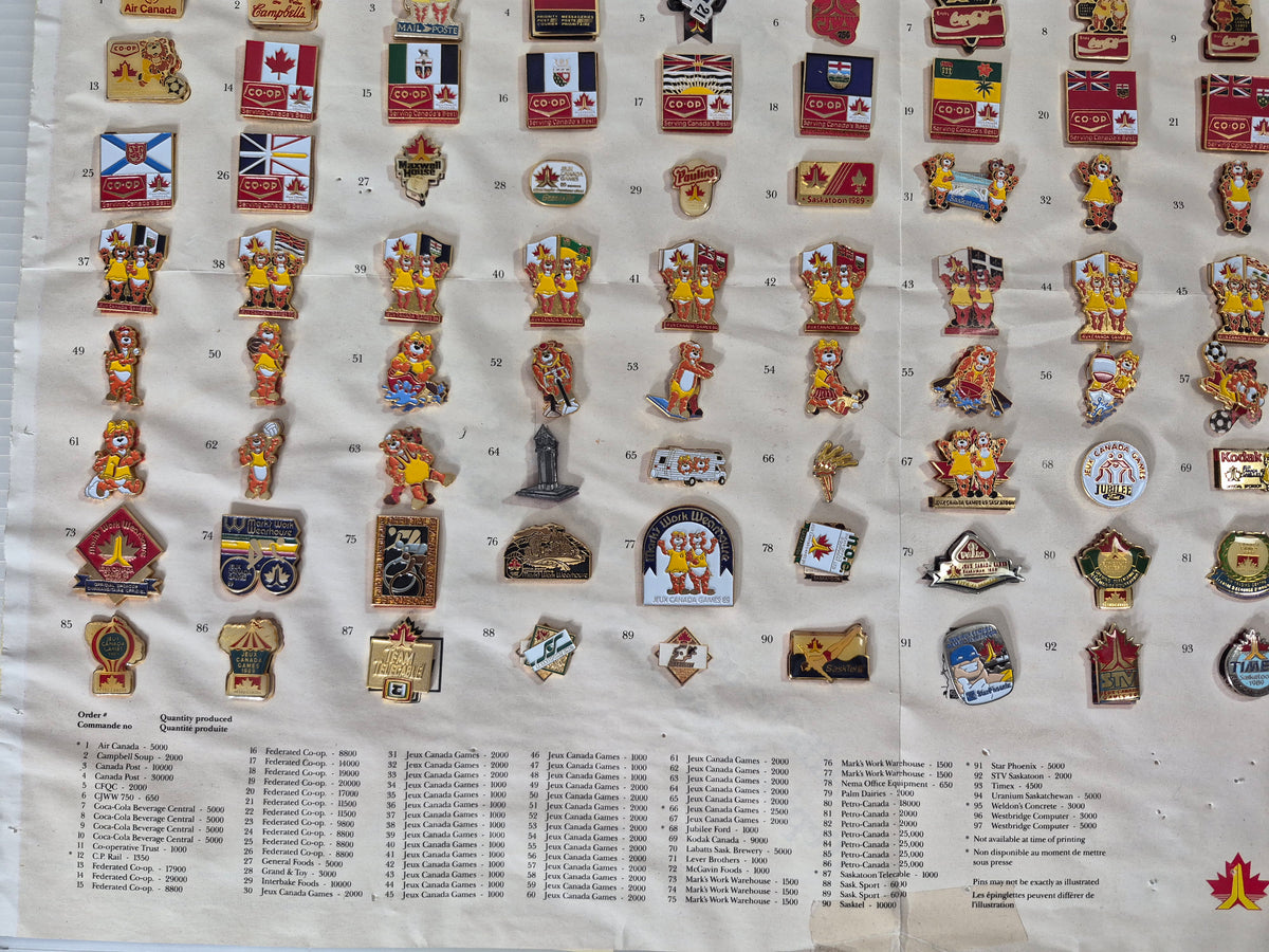 1989 Jeux Canada Games Saskatoon Official Sponsor & Trading Pin Collection – 91 of 97 Pins – Original Pin ’Em Down Display – 24" x 18"