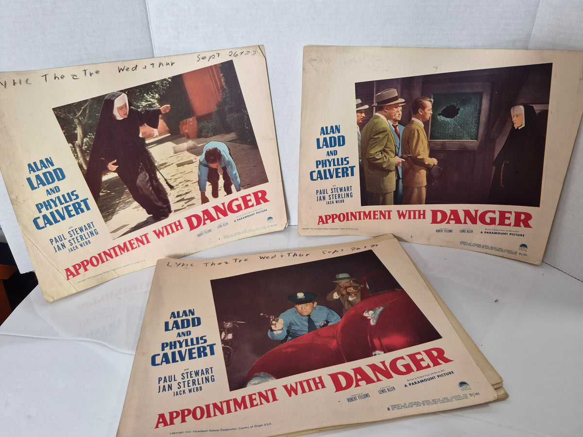 1951 “Appointment with Danger” Original Paramount Movie Lobby Cards – Alan Ladd, Phyllis Calvert & Jack Webb – 14" x 11"