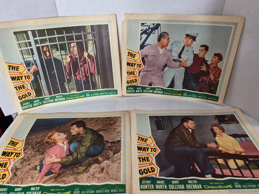1957 The Way to the Gold Original Movie Lobby Cards – Set of 4 – Jeffrey Hunter – 14" x 11"