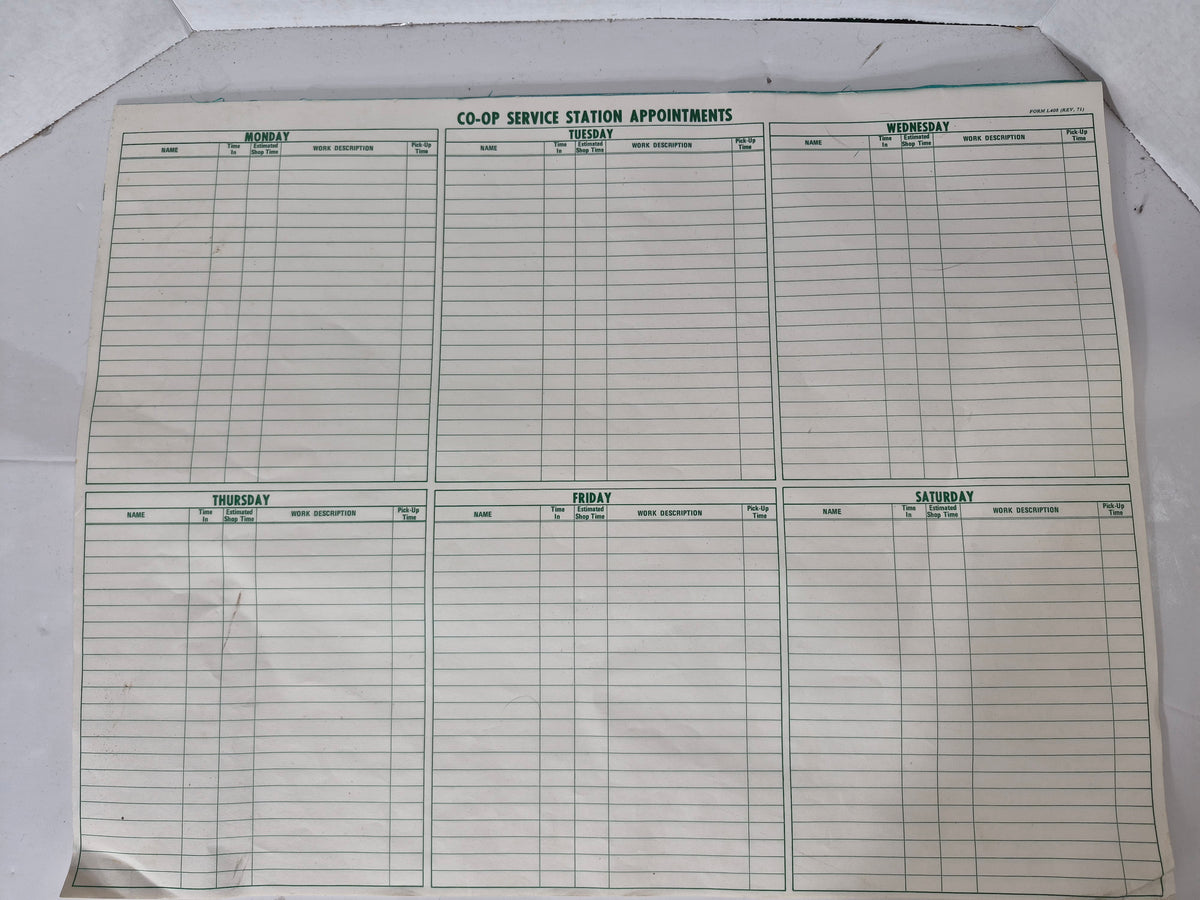 Vintage CO-OP Service Station Appointment Schedule – 1971 – 22" x 17" – Original Form