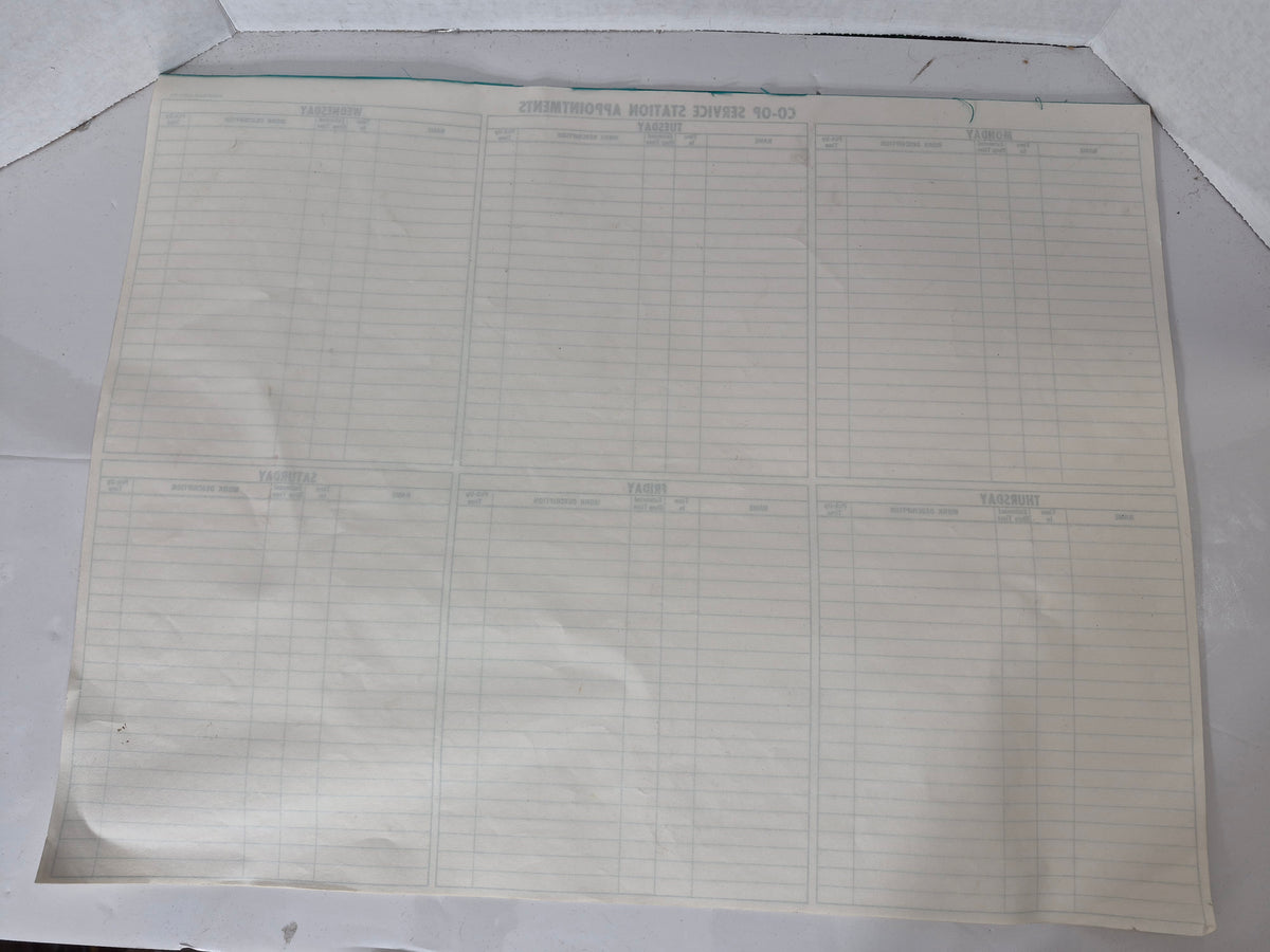 Vintage CO-OP Service Station Appointment Schedule – 1971 – 22" x 17" – Original Form