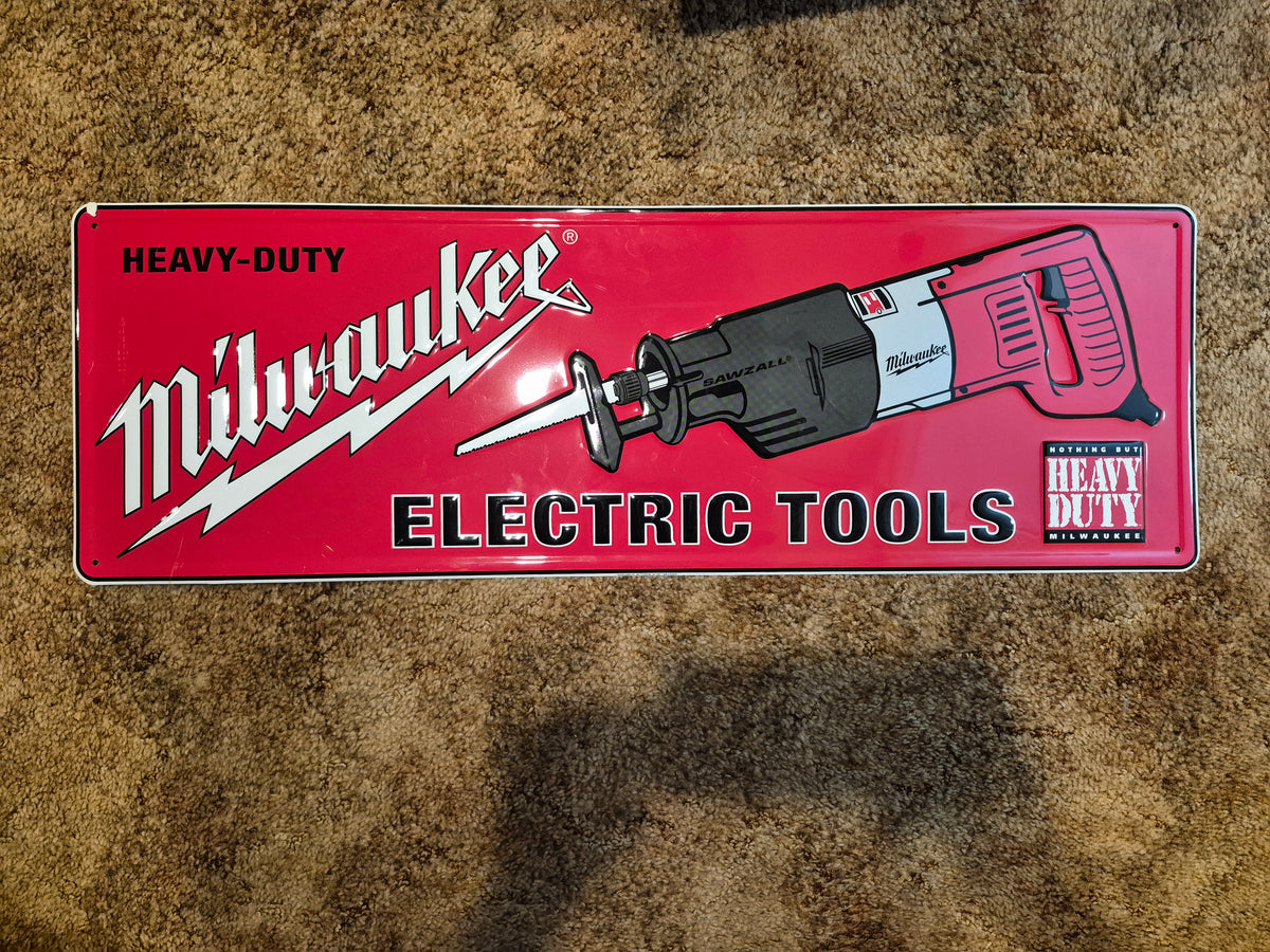 Vintage Milwaukee Heavy-Duty Electric Tools Sawzall Embossed Metal Advertising Sign – 36" x 12"