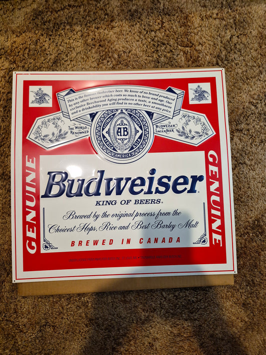 Vintage Budweiser “King of Beers” Embossed Metal Tacker Sign – Labatt Breweries Canada – 18.5" × 17.75"