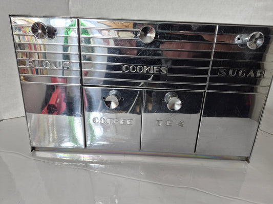 Vintage 1950s Kreamer Ware Chrome Wall-Mount Kitchen Storage Cabinet – Flour Sugar Coffee Tea – 27"