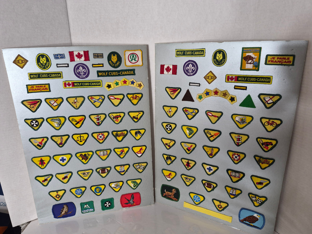 Vintage Wolf Cubs Canada Scout Badge & Proficiency Patch Collection – 2 Display Boards – 14" x 20" Each