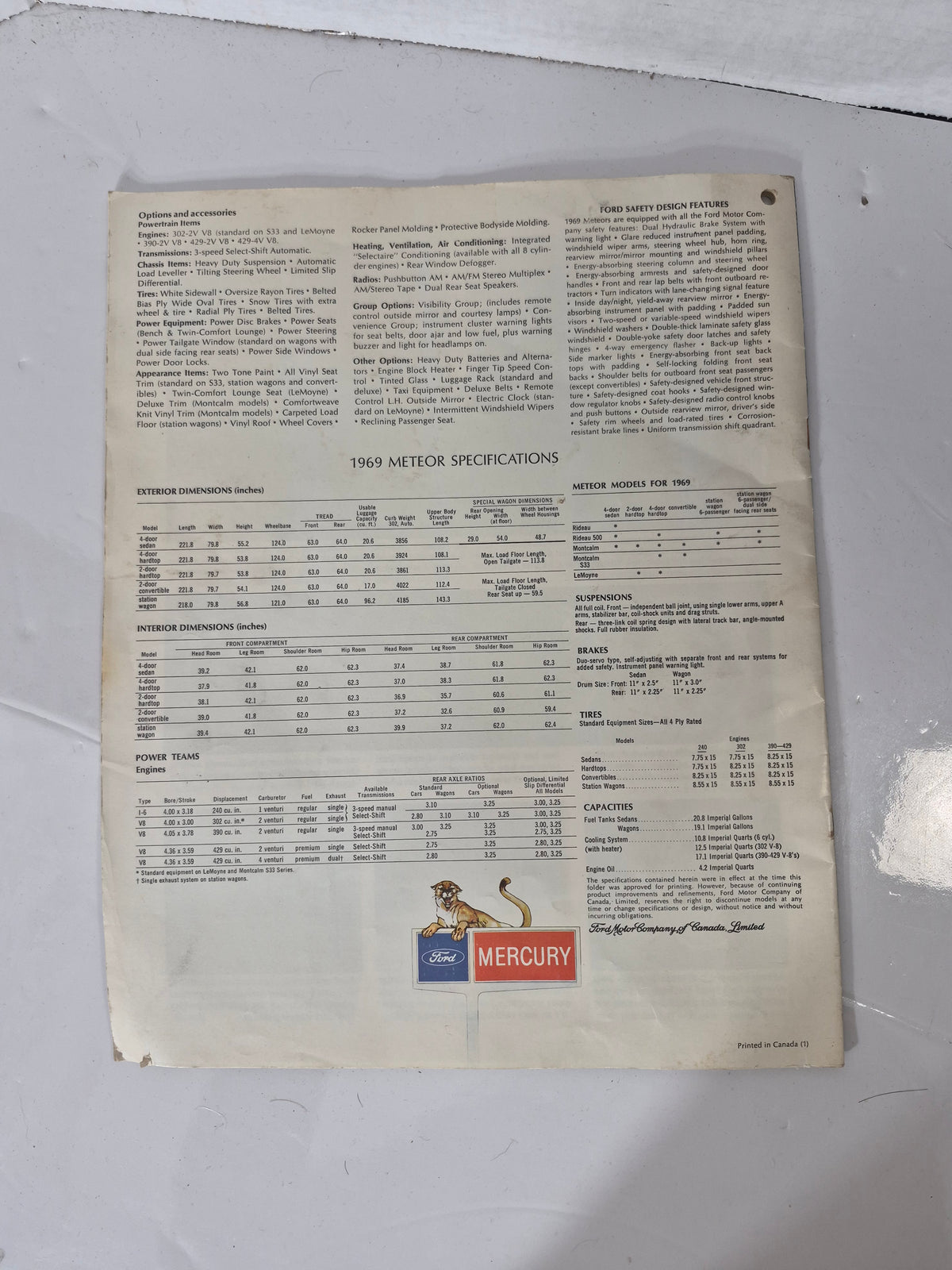 Original 1969 Ford Meteor Sales Brochure – Montcalm S33 • Rideau • LeMoyne – Canadian Mercury Dealer Literature