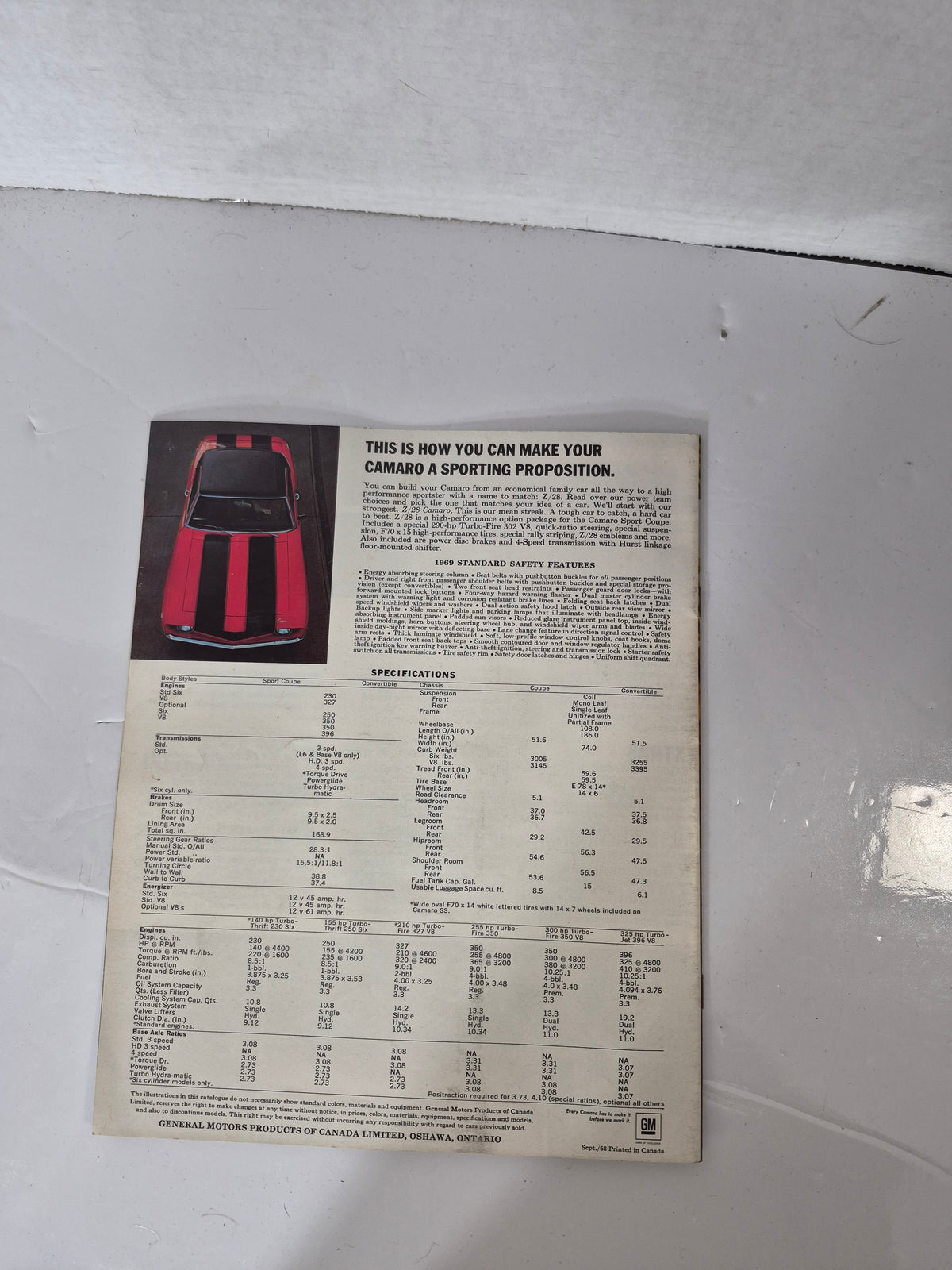 Original 1969 Chevrolet Camaro Canadian Sales Brochure – SS, Rally Sport & Convertible – GM Canada