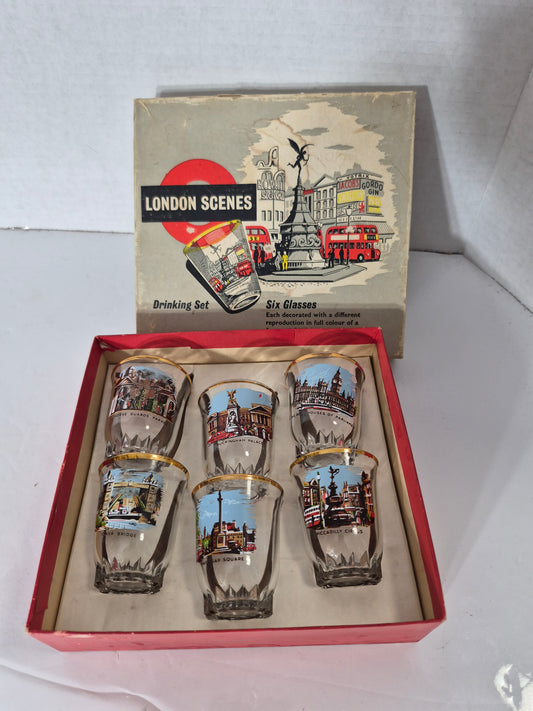 Vintage London Scenes Six Glass Drinking Set – Decorated in England – Famous London Landmarks – Original Box