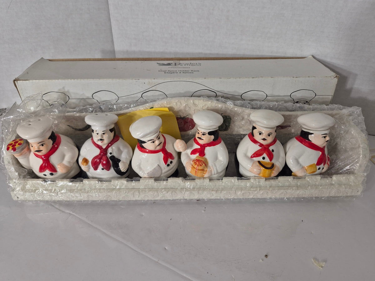 Vintage Reader’s Digest Ceramic Chef Spice Shaker Set with Holder Rack & Original Box – Set of 6 – 15"