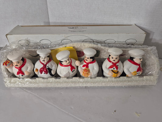Vintage Reader’s Digest Ceramic Chef Spice Shaker Set with Holder Rack & Original Box – Set of 6 – 15"